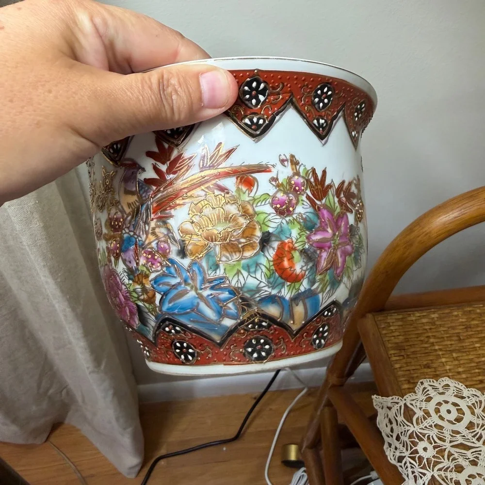 Vintage Chinese Export Porcelain Jardiniere Planter Birds Flowers Gold Gilt 5